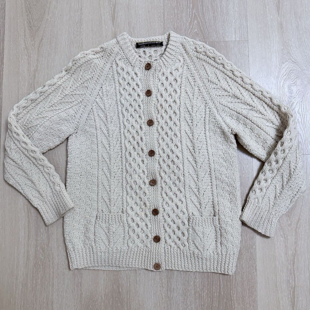 VTG 70s Handknit Irish Aran Fisherman Sweater Cardigan S 100% Wool Chunky Rustic